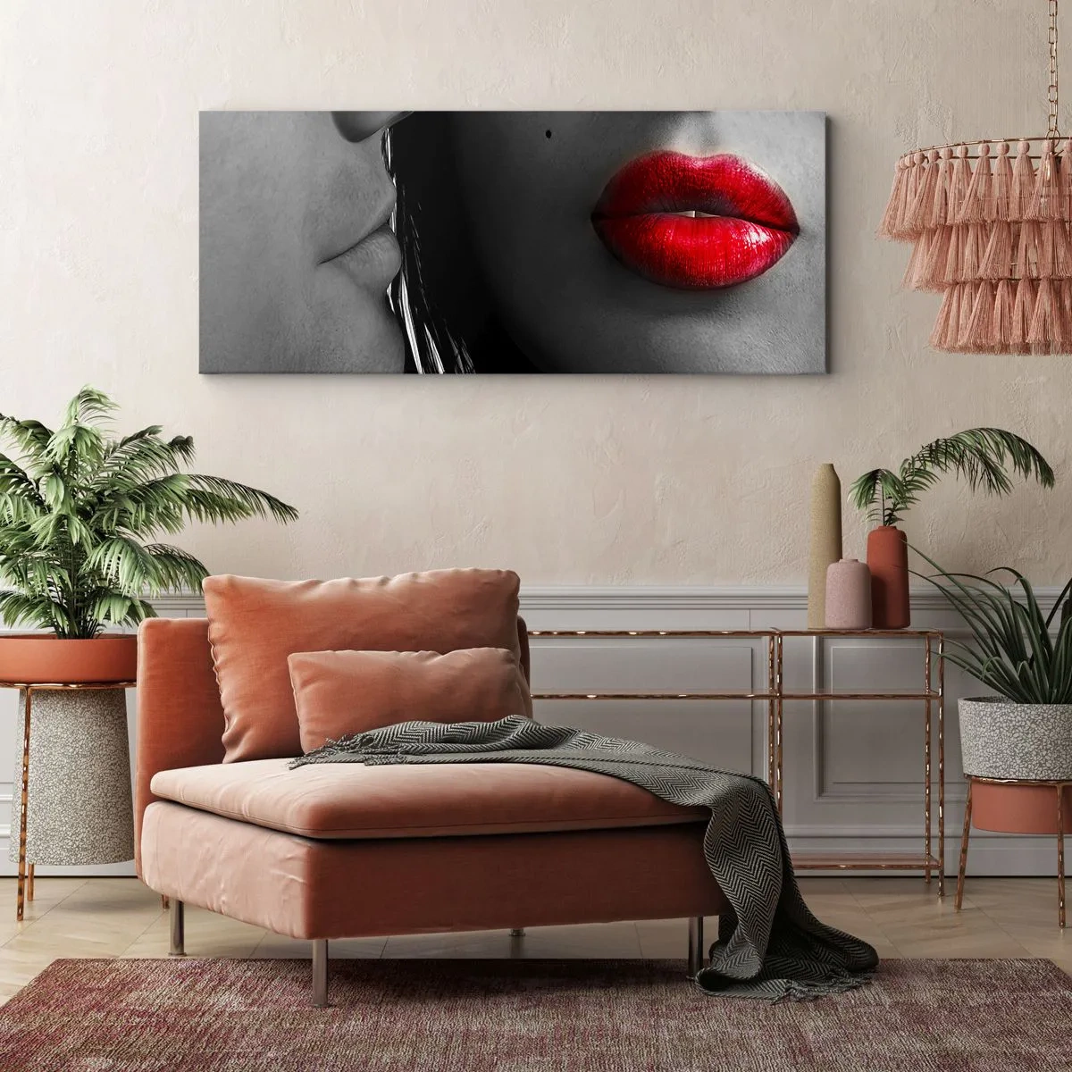 Bild auf Leinwand - Leinwandbild - Nahaufnahme der Gesichter einer Frau und eines Mannes mit roten Lippen. - 140x50cm - Gesicht am Gesicht - Moderne Wanddekoration für Wohnzimmer und Schlafzimmer ARTTOR