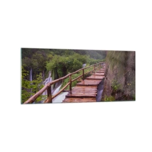 Glasbild - Bild auf glas - Eine Brücke mit Blick auf die Wasserfälle bei Sonnenuntergang - 120x50cm - Schönheit jenseits des Glaubens - Moderne Wanddekoration für Wohnzimmer und Schlafzimmer ARTTOR