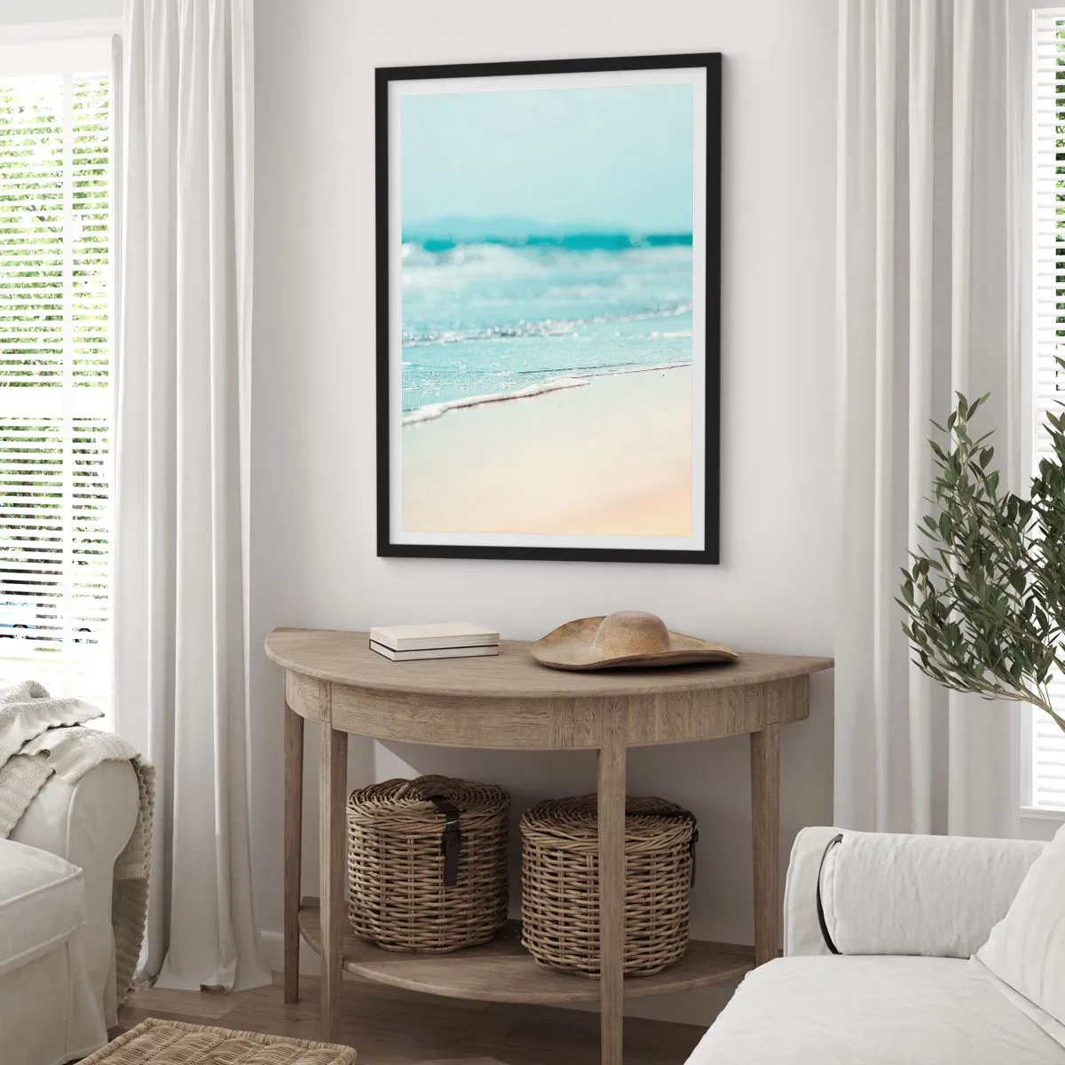 Poster in einem schwarzem Rahmen - Ein sanfter Strand und ruhige Wellen in Pastellfarben - 50x70cm - Hitze und Lärm - Moderne Wanddekoration für Wohnzimmer und Schlafzimmer ARTTOR