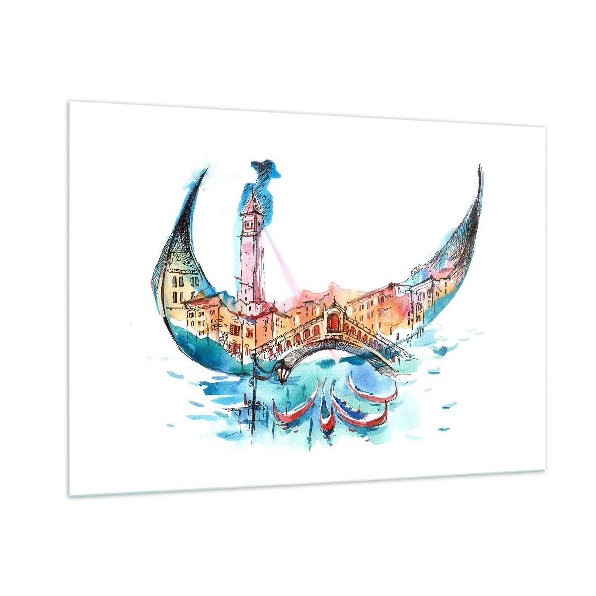 Glasbild - Bild auf glas - Aquarellpanorama von Venedig in Form einer Maske - 100x70cm - Wir segeln durch die Stadt - Moderne Wanddekoration für Wohnzimmer und Schlafzimmer ARTTOR