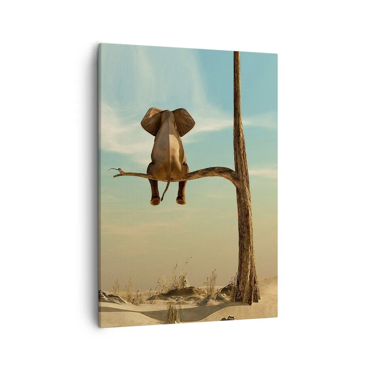 Bild auf Leinwand - Leinwandbild - Ein Elefant sitzt auf einem Ast und blickt auf eine Wüstenlandschaft - 50x70cm - Neuer Blickwinkel - Moderne Wanddekoration für Wohnzimmer und Schlafzimmer ARTTOR