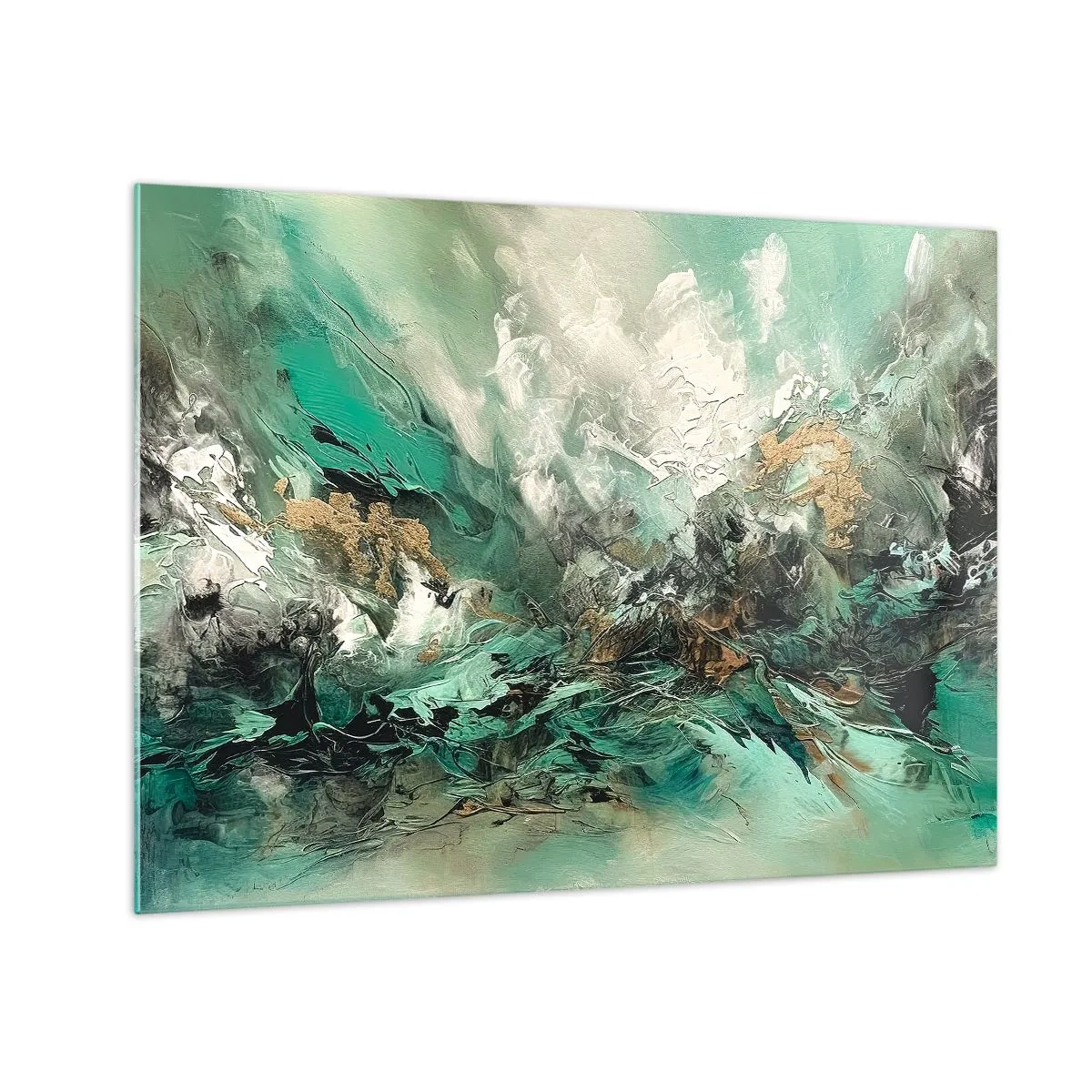 Glasbild - Bild auf glas - Eine abstrakte Komposition in Smaragd-, Schwarz- und Weißtönen. - 70x50cm - Smaragdgrüne und schwarze Brandung - Moderne Wanddekoration für Wohnzimmer und Schlafzimmer ARTTOR