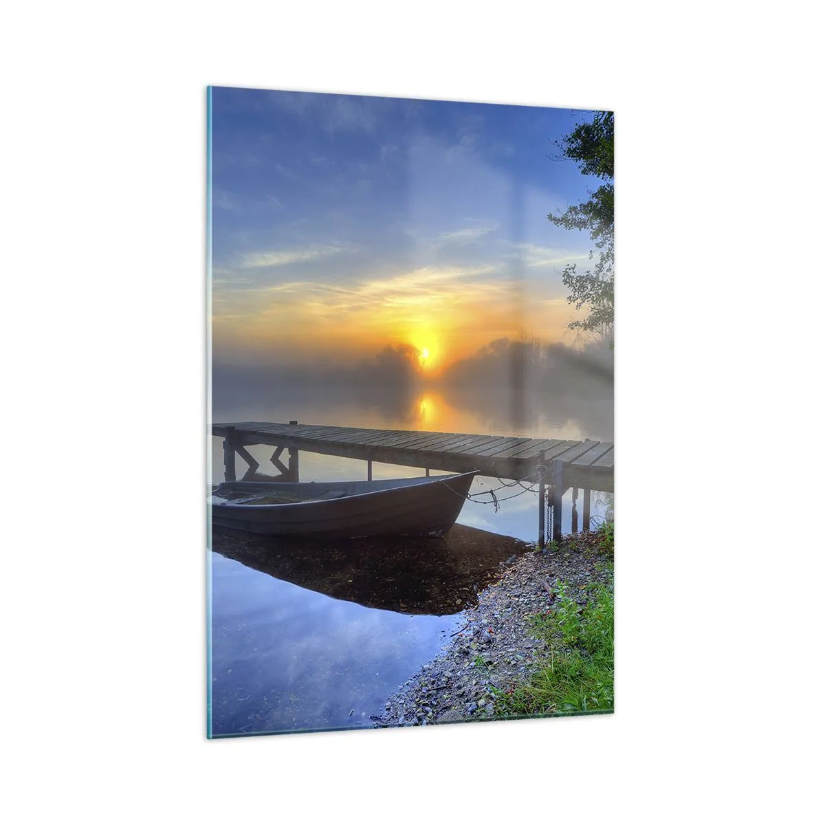 Glasbild - Bild auf glas - Ein Boot am Pier bei Sonnenaufgang auf dem See - 50x70cm - Wie aus Gewöhnlichem Magie wird - Moderne Wanddekoration für Wohnzimmer und Schlafzimmer ARTTOR