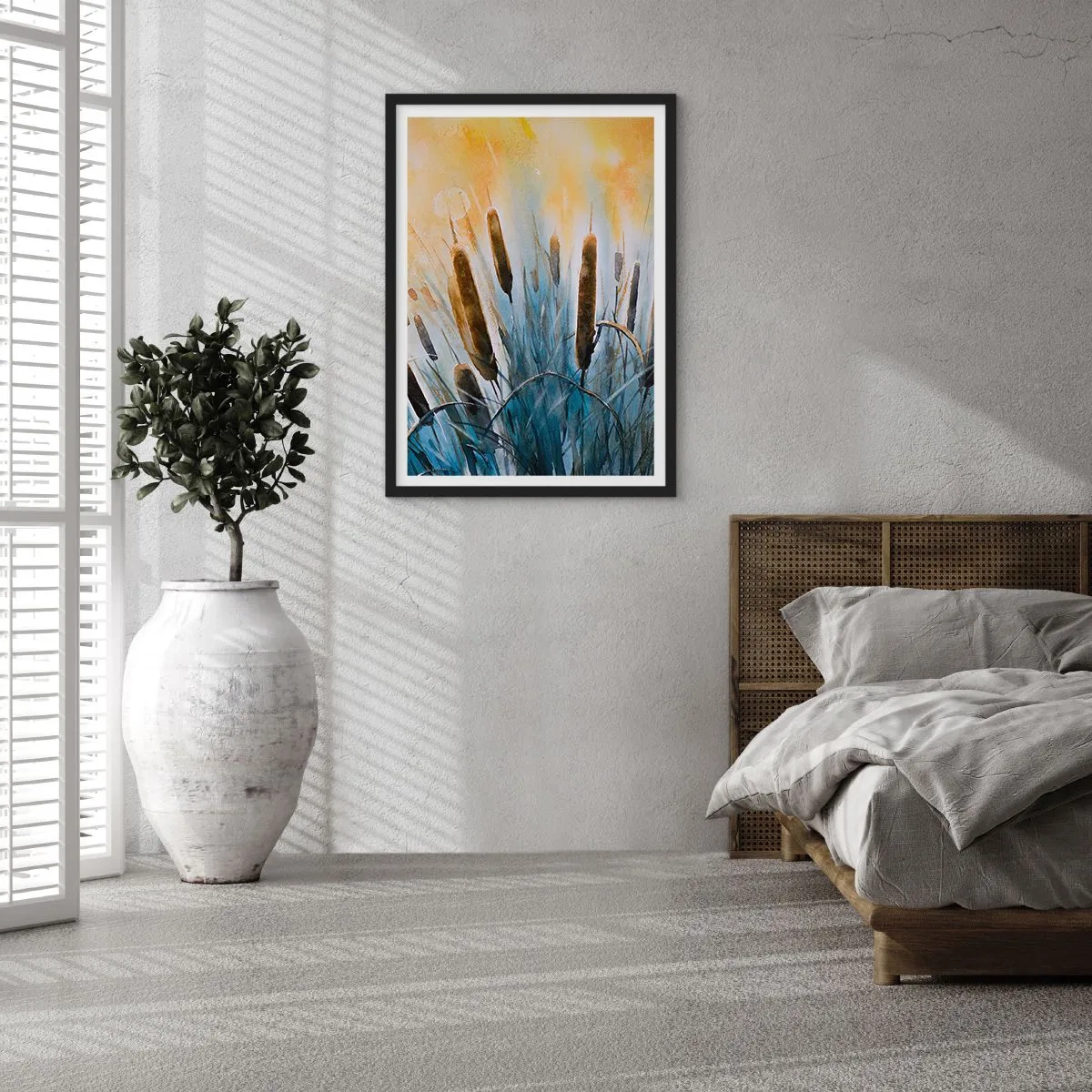 Poster in einem schwarzem Rahmen - Eine malerische Komposition aus Schilf in warmem Licht - 50x70cm - Die Kälte des Wassers, die Hitze der Sonne - Moderne Wanddekoration für Wohnzimmer und Schlafzimmer ARTTOR