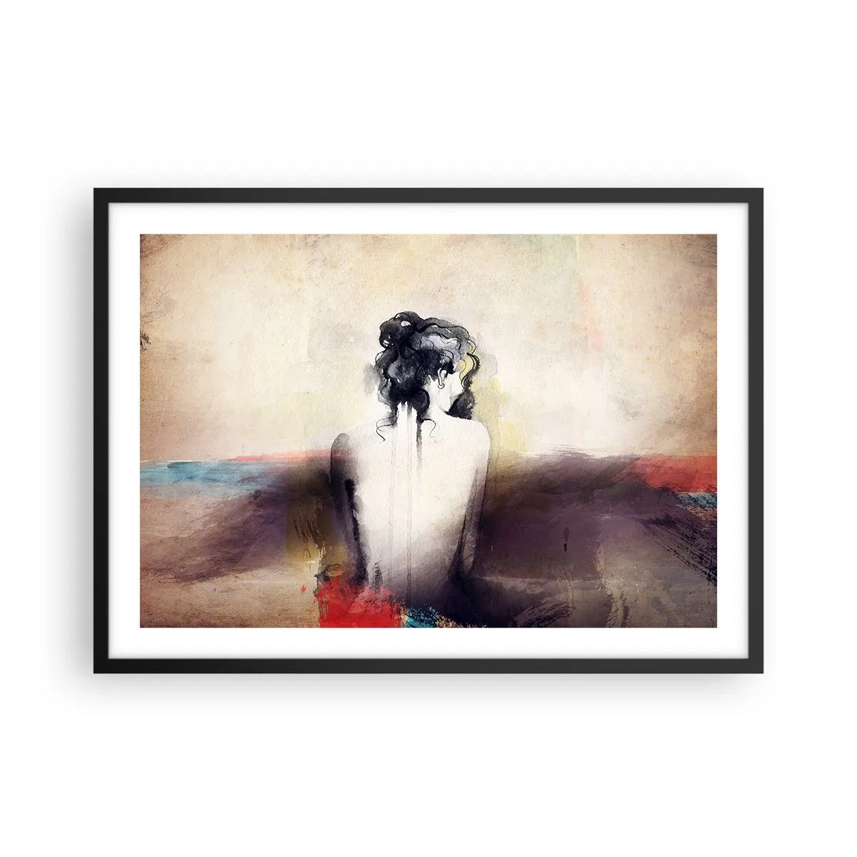 Poster in einem schwarzem Rahmen - Ein subtiles Frauenporträt im künstlerischen Stil - 70x50cm - Glatte Linien, ovale Formen - Moderne Wanddekoration für Wohnzimmer und Schlafzimmer ARTTOR
