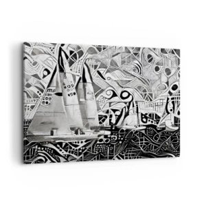 Bild auf Leinwand - Leinwandbild - Abstrakte Segelboote in einer monochromen Komposition - 100x70cm - Zwischen den Wellen - Moderne Wanddekoration für Wohnzimmer und Schlafzimmer ARTTOR