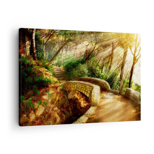 Bild auf Leinwand - Leinwandbild - Waldlandschaft mit Sonnenstrahlen und einer Steinbrücke - 70x50cm - Direkt von der Brücke in den Märchenwald - Moderne Wanddekoration für Wohnzimmer und Schlafzimmer ARTTOR