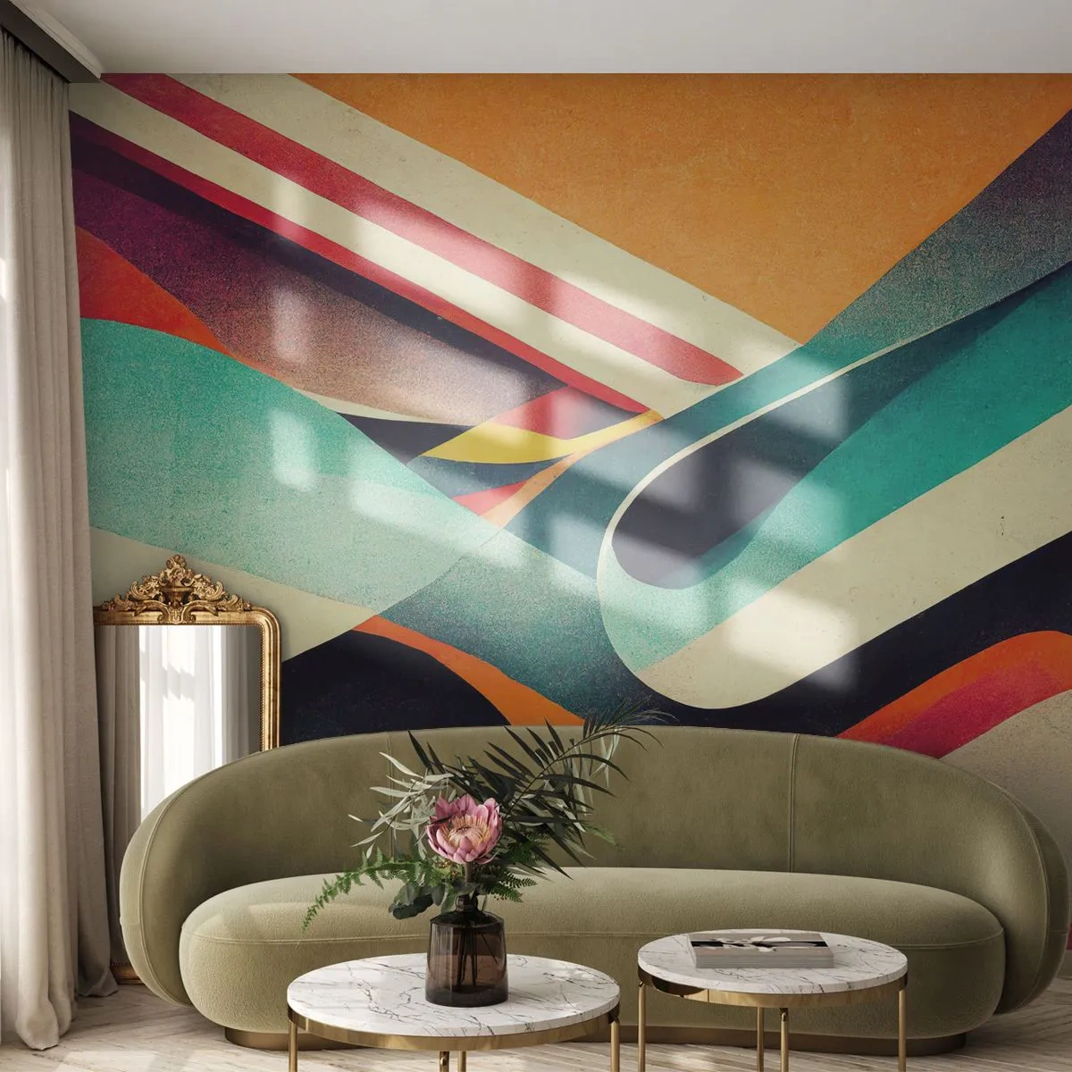 Fototapete Premium Sand - Bunte abstrakte Retro-Wellen auf orangefarbenem Hintergrund - 100x70cm - Intensive Komposition - Moderne Wanddekoration für Wohnzimmer und Schlafzimmer ARTTOR