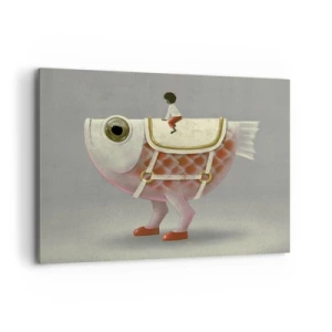 Bild auf Leinwand - Leinwandbild - Ein schicker Fischreiter mit Beinen und Sattel - 100x70cm - Reiter auf einem surrealen Fisch - Moderne Wanddekoration für Wohnzimmer und Schlafzimmer ARTTOR