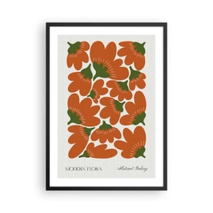 Poster in einem schwarzem Rahmen - Abstrakte orangefarbene Blumen auf hellem Hintergrund - 50x70cm - Aus dem Leben der Blumen - Moderne Wanddekoration für Wohnzimmer und Schlafzimmer ARTTOR