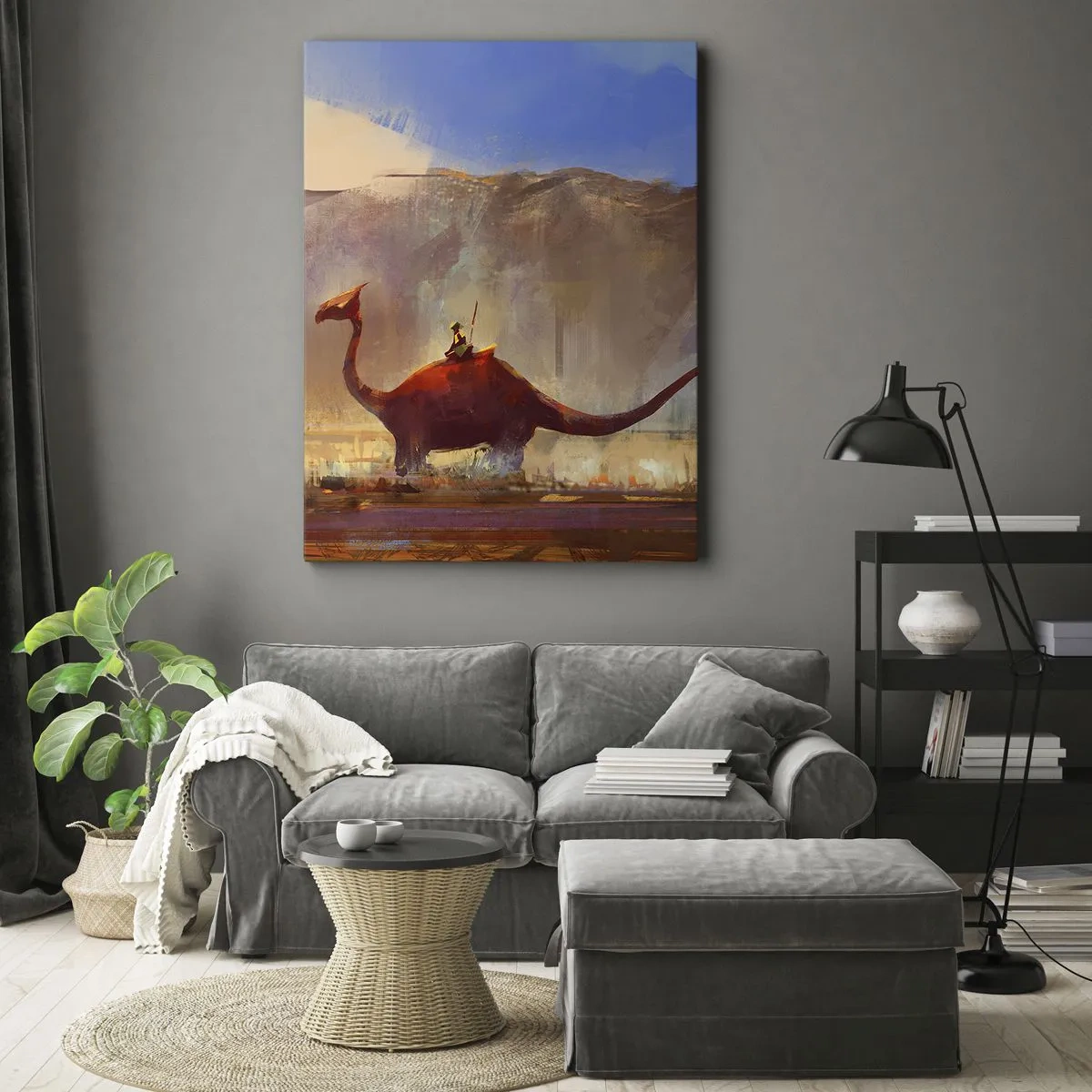 Bild auf Leinwand - Leinwandbild - Eine Fantasy-Szene mit einem Reiter auf einem prähistorischen Wesen - 50x70cm - Wenn sie nicht ausgestorben wären - Moderne Wanddekoration für Wohnzimmer und Schlafzimmer ARTTOR
