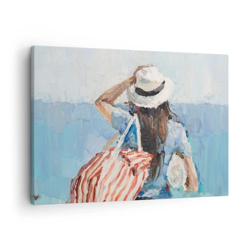Bild auf Leinwand - Leinwandbild - Eine Frau mit Hut vor dem blauen Meer - 70x50cm - Willkommen in den Sommerferien - Moderne Wanddekoration für Wohnzimmer und Schlafzimmer ARTTOR