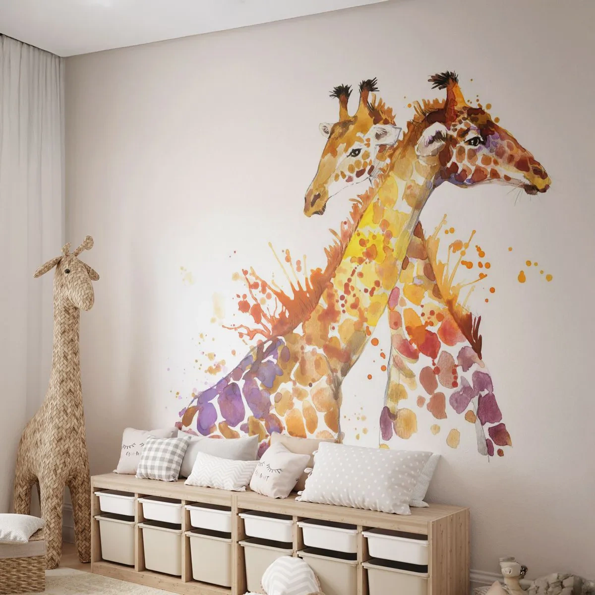 Fototapete Premium Sand - Ist es Freundschaft oder ist es Baby? - Tiere, Giraffe, Grafik - 150x105 cm