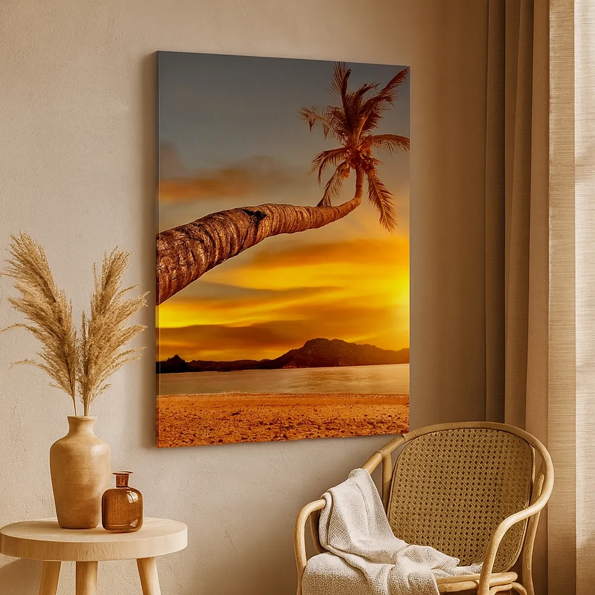 Bild auf Leinwand - Leinwandbild - Palme am Strand bei Sonnenuntergang mit Blick auf das Meer - 50x70cm - Exotischer Urlaub, karibisches Abenteuer - Moderne Wanddekoration für Wohnzimmer und Schlafzimmer ARTTOR