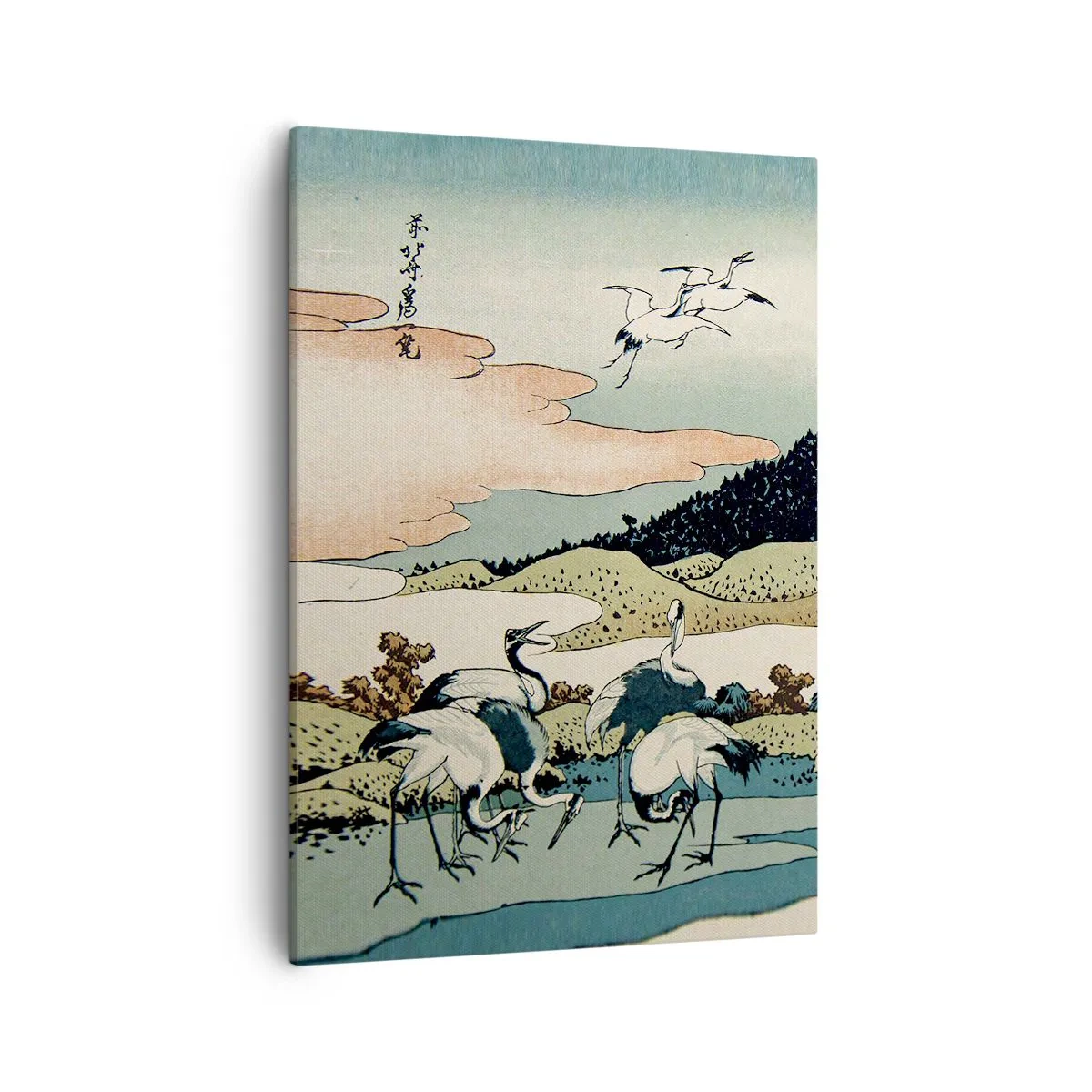 Bild auf Leinwand - Leinwandbild - Traditionelle japanische Grafik mit Bergen und Kranichen - 50x70cm - Im japanischen Geist - Moderne Wanddekoration für Wohnzimmer und Schlafzimmer ARTTOR