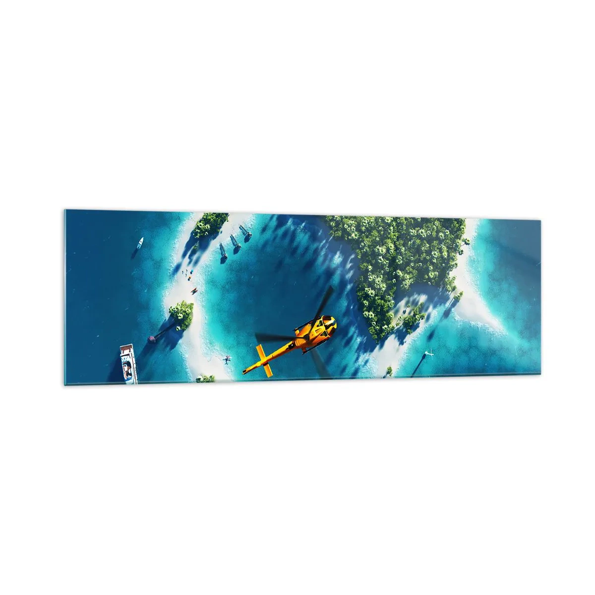 Glasbild - Bild auf glas - Eine tropische Insel, umgeben von türkisfarbenem Wasser, mit einem Hubschrauber in Sicht - 160x50cm - Kauf dir eine Insel - Moderne Wanddekoration für Wohnzimmer und Schlafzimmer ARTTOR