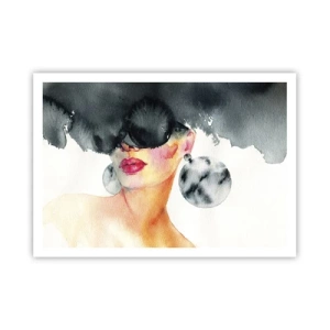 Poster - Eine Frau mit stylischer Brille und großen Ohrringen - 100x70cm - Das Geheimnis der Eleganz - Moderne Wanddekoration für Wohnzimmer und Schlafzimmer ARTTOR