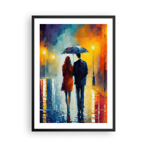 Poster in einem schwarzem Rahmen - Ein Paar mit einem Regenschirm geht im Regen eine Stadtstraße entlang. - 50x70cm - Gemeinsam – eine bunte Nacht - Moderne Wanddekoration für Wohnzimmer und Schlafzimmer ARTTOR