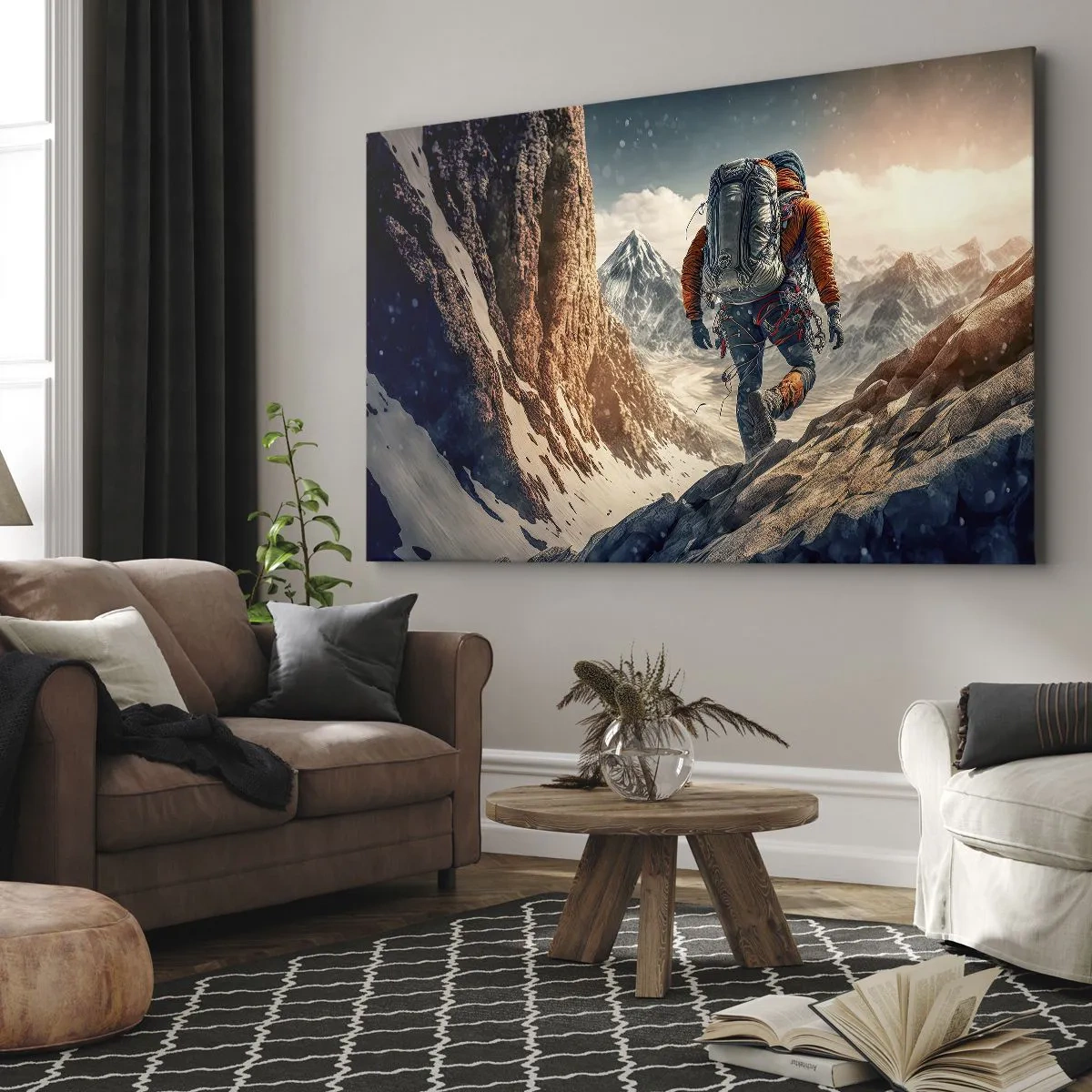 Bild auf Leinwand - Leinwandbild - Ein Bergsteiger auf einem Bergpfad in einer Winterlandschaft - 100x70cm - Einsamer Krieger - Moderne Wanddekoration für Wohnzimmer und Schlafzimmer ARTTOR