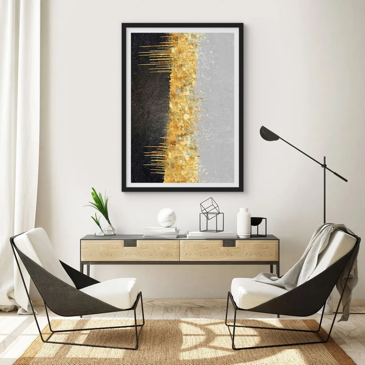 Poster in einem schwarzem Rahmen - Abstrakte Komposition aus Gold, Schwarz und Silber - 50x70cm - Nach innen und nach oben - Moderne Wanddekoration für Wohnzimmer und Schlafzimmer ARTTOR