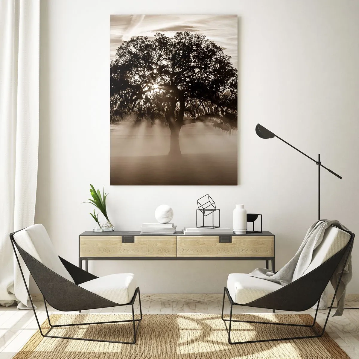 Glasbild - Bild auf glas - Sonnenstrahlen scheinen durch einen einsamen Baum - 70x100cm - Baum der guten Nachrichten  - Moderne Wanddekoration für Wohnzimmer und Schlafzimmer ARTTOR