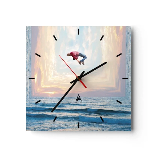 Wanduhr - Glasuhr - Surrealer Sprung über das Meer im Rahmen - 30x30cm - In eine andere Dimension - Moderne Wanddekoration für Wohnzimmer und Schlafzimmer ARTTOR