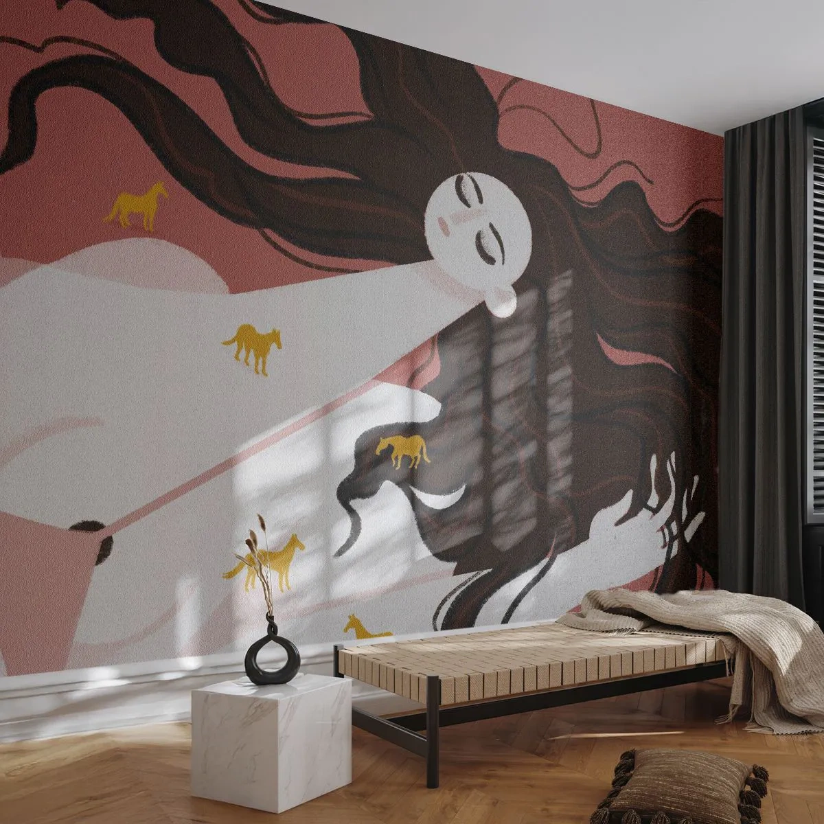 Fototapete Premium Sand - Liegende Frau mit langem Haar und goldenen Pferden - 100x70cm - Traum von einem goldenen Pferd - Moderne Wanddekoration für Wohnzimmer und Schlafzimmer ARTTOR