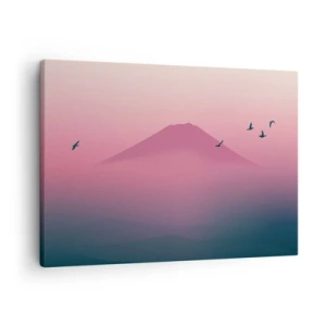 Bild auf Leinwand - Leinwandbild - Eine minimalistische Landschaft mit einem Berg und Vögeln bei Sonnenaufgang - 70x50cm - Wanderer über den Wolken - Moderne Wanddekoration für Wohnzimmer und Schlafzimmer ARTTOR