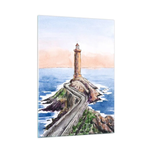 Glasbild - Bild auf glas - Ein Leuchtturm auf einem felsigen Vorgebirge, umgeben von einem ruhigen Meer - 50x70cm - Dem Meer zugewandt - Moderne Wanddekoration für Wohnzimmer und Schlafzimmer ARTTOR