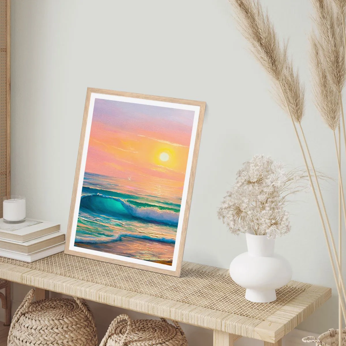 Poster in einem Rahmen aus heller Eiche - Ein türkisfarbenes Lied der Wellen - 30x40 cm