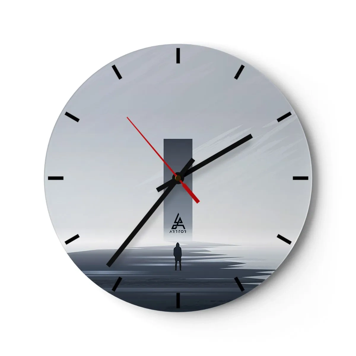 Wanduhr - Glasuhr - Eine minimalistische Landschaft mit einer Figur und geometrischen Form - 30x30cm - Chance oder Bedrohung? - Moderne Wanddekoration für Wohnzimmer, Küche und Schlafzimmer ARTTOR