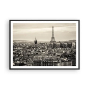 Poster in einem schwarzem Rahmen - Panorama von Paris mit dem Eiffelturm in Sepiatönen - 100x70cm - Über den Dächern von Paris - Moderne Wanddekoration für Wohnzimmer und Schlafzimmer ARTTOR