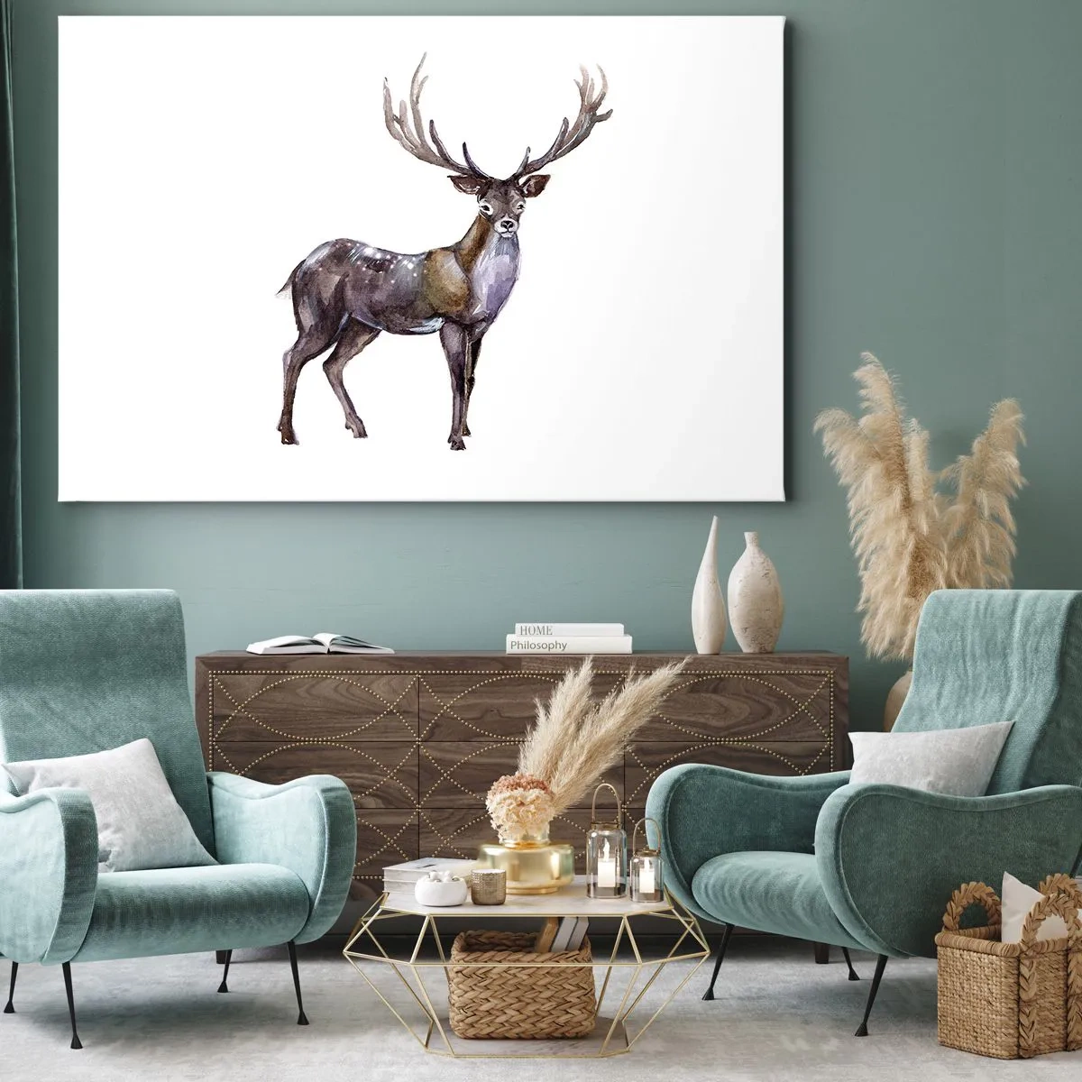 Bild auf Leinwand - Leinwandbild - Aquarell-Illustration eines Hirsches mit majestätischem Geweih - 120x80cm - König des nördlichen Waldes - Moderne Wanddekoration für Wohnzimmer und Schlafzimmer ARTTOR