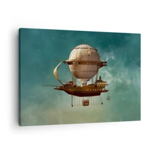 Bild auf Leinwand - Leinwandbild - Ein fantastisches Luftschiff vor dem grünlichen Himmel - 70x50cm - Jules Verne sagt Hallo - Moderne Wanddekoration für Wohnzimmer und Schlafzimmer ARTTOR