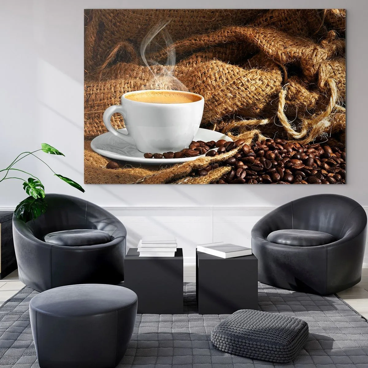 Glasbild - Bild auf glas - Eine Tasse Kaffee mit Bohnen auf einem Jute-Hintergrund - 100x70cm - Der Geruch von Mokka und die Dicke der Honigflüssigkeit - Moderne Wanddekoration für Wohnzimmer und Schlafzimmer ARTTOR