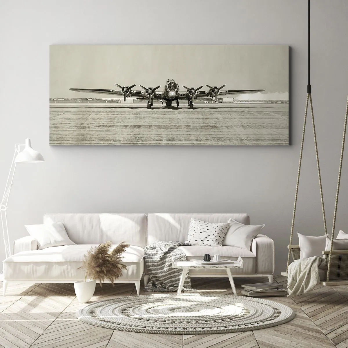 Bild auf Leinwand - Leinwandbild - Historisches Flugzeug auf dem Flughafen in Sepia - 120x50cm - Wie immer bereit - Moderne Wanddekoration für Wohnzimmer und Schlafzimmer ARTTOR