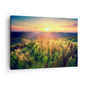 Bild auf Leinwand - Leinwandbild - Waldlandschaft mit Sonnenuntergang über den Hügeln - 70x50cm - Scheitelpunkte und Spitzen - Moderne Wanddekoration für Wohnzimmer und Schlafzimmer ARTTOR
