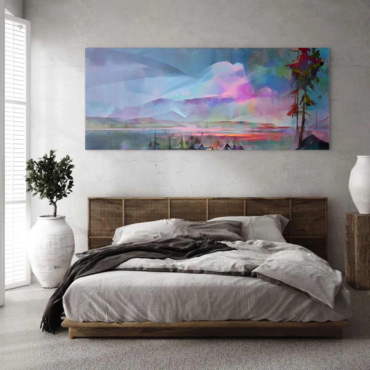Glasbild - Bild auf glas - Berglandschaft mit buntem Himmel und einem Dorf - 160x50cm - Unter einem wohlwollenden Himmel - Moderne Wanddekoration für Wohnzimmer und Schlafzimmer ARTTOR