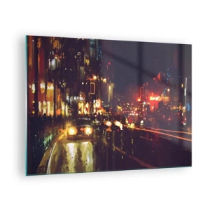Glasbild - Bild auf glas - Stadtnachtlandschaft mit Autos und Straßenlaternen - 70x50cm - Eingetaucht in die Lichter der Nacht - Moderne Wanddekoration für Wohnzimmer und Schlafzimmer ARTTOR