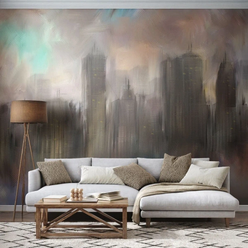 Selbstklebende Fototapete Deluxe Sticker - Eine Komposition aus Stahl, Stein und Nebel - Stadt, Die Architektur, Stück - 200x140 cm