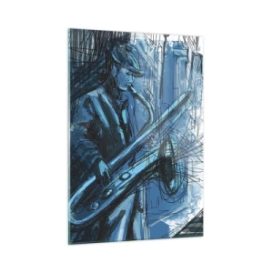 Glasbild - Bild auf glas - Jazz-Saxophonist in blau getönter urbaner Umgebung - 50x70cm - Urbane Rhapsodie - Moderne Wanddekoration für Wohnzimmer und Schlafzimmer ARTTOR