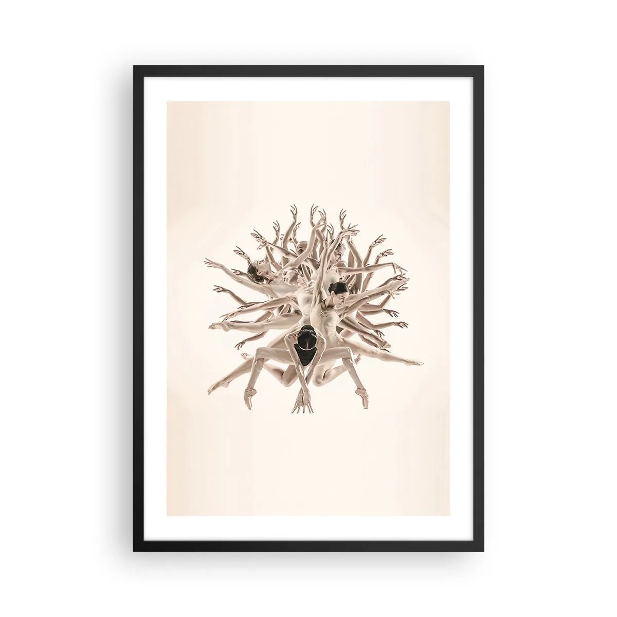 Poster in einem schwarzem Rahmen - Eine kunstvolle Komposition einer Tänzerin in zarten Beigetönen. - 50x70cm - Aufblühen im Tanz - Moderne Wanddekoration für Wohnzimmer und Schlafzimmer ARTTOR