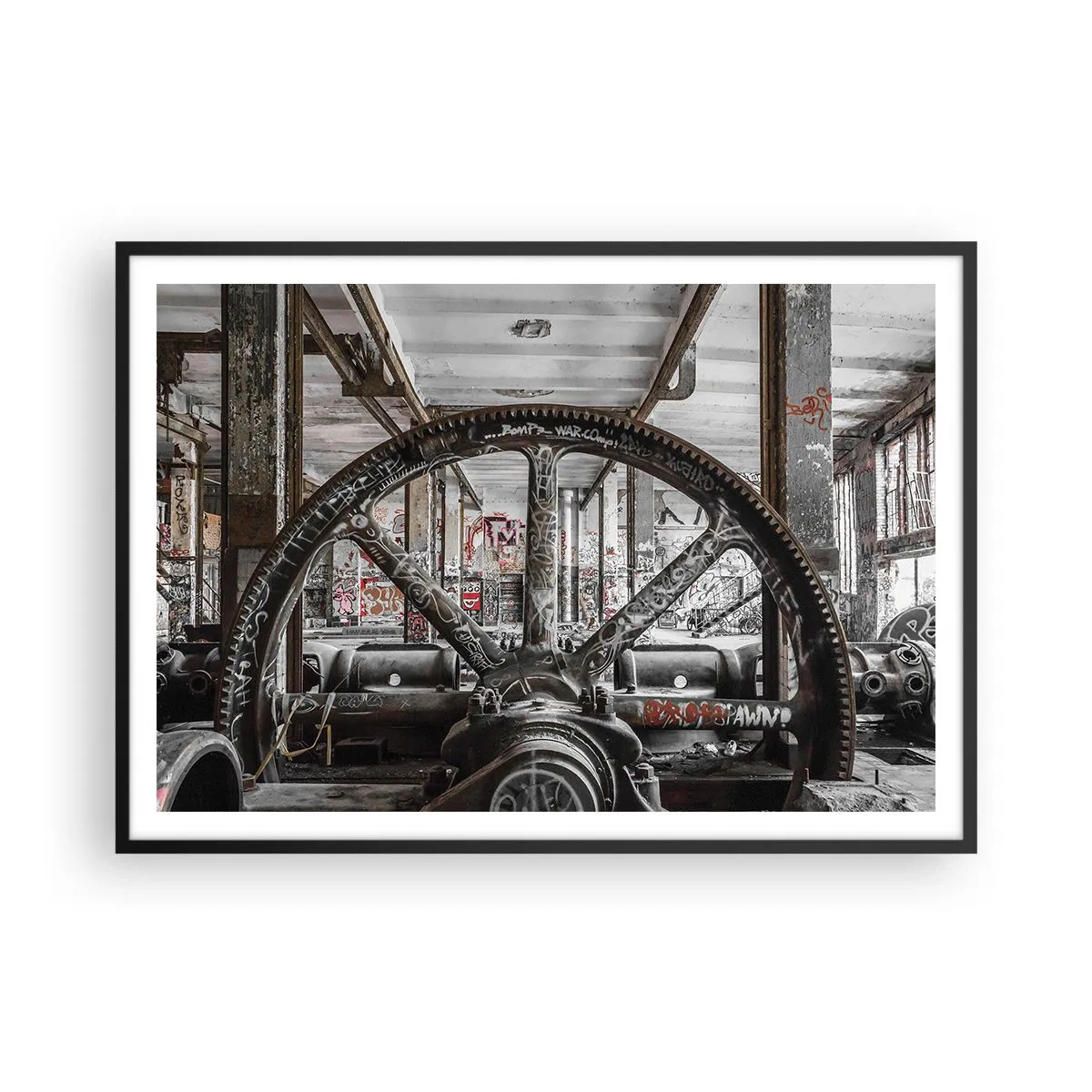 Poster in einem schwarzem Rahmen - Ein alter Mechanismus in einem verlassenen Industriegebäude - 100x70cm - Das geheime Leben der Fabrik - Moderne Wanddekoration für Wohnzimmer und Schlafzimmer ARTTOR