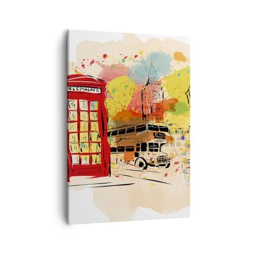 Bild auf Leinwand - Leinwandbild - London-Thema mit rotem Bus und Stand - 50x70cm - Die Stadt der Vielfalt - Moderne Wanddekoration für Wohnzimmer und Schlafzimmer ARTTOR