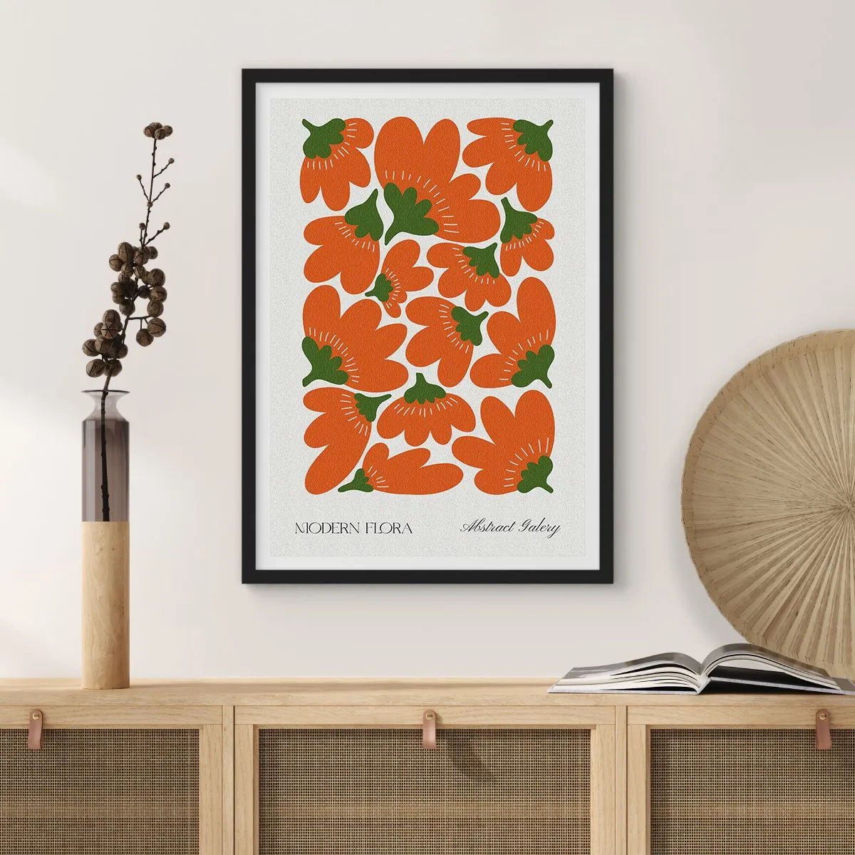 Poster in einem schwarzem Rahmen - Abstrakte orangefarbene Blumen auf hellem Hintergrund - 50x70cm - Aus dem Leben der Blumen - Moderne Wanddekoration für Wohnzimmer und Schlafzimmer ARTTOR