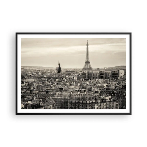 Poster in einem schwarzem Rahmen - Panorama von Paris mit dem Eiffelturm in Sepiatönen - 100x70cm - Über den Dächern von Paris - Moderne Wanddekoration für Wohnzimmer und Schlafzimmer ARTTOR