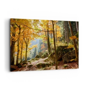 Bild auf Leinwand - Leinwandbild - Ein Herbstwald voller goldener Blätter und Sonnenlicht - 100x70cm - Zeit zum Entspannen - Moderne Wanddekoration für Wohnzimmer und Schlafzimmer ARTTOR