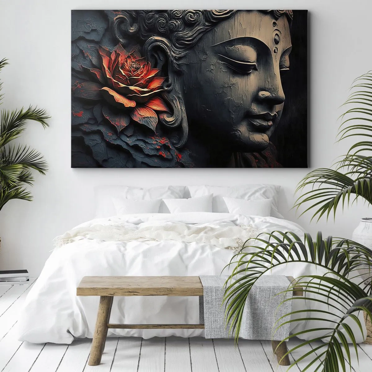 Bild auf Leinwand - Leinwandbild - Buddha-Skulptur mit einer roten Lotusblüte - 100x70cm - Im Einklang mit der Welt - Moderne Wanddekoration für Wohnzimmer und Schlafzimmer ARTTOR