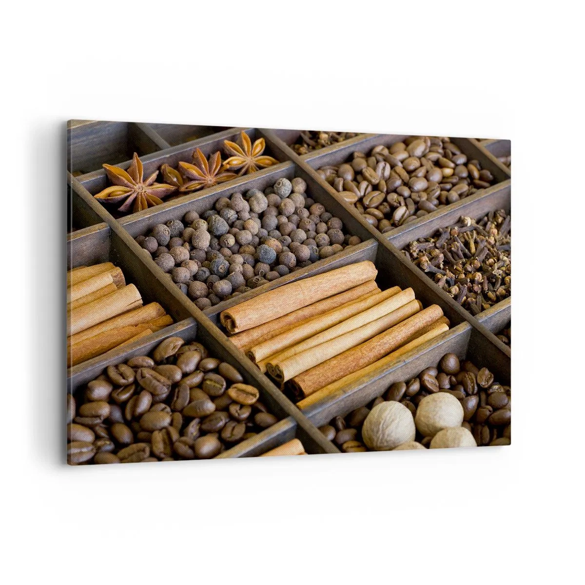 Bild auf Leinwand - Leinwandbild - Gewürze und Kaffee in Holzfächern - 100x70cm - Eine Fundgrube an Aromen - Moderne Wanddekoration für Wohnzimmer und Schlafzimmer ARTTOR