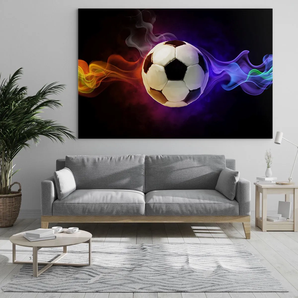 Glasbild - Bild auf glas - Ein Fußball, umgeben von bunten Streifen - 100x70cm - Die magische Kraft des Spiels - Moderne Wanddekoration für Wohnzimmer und Schlafzimmer ARTTOR